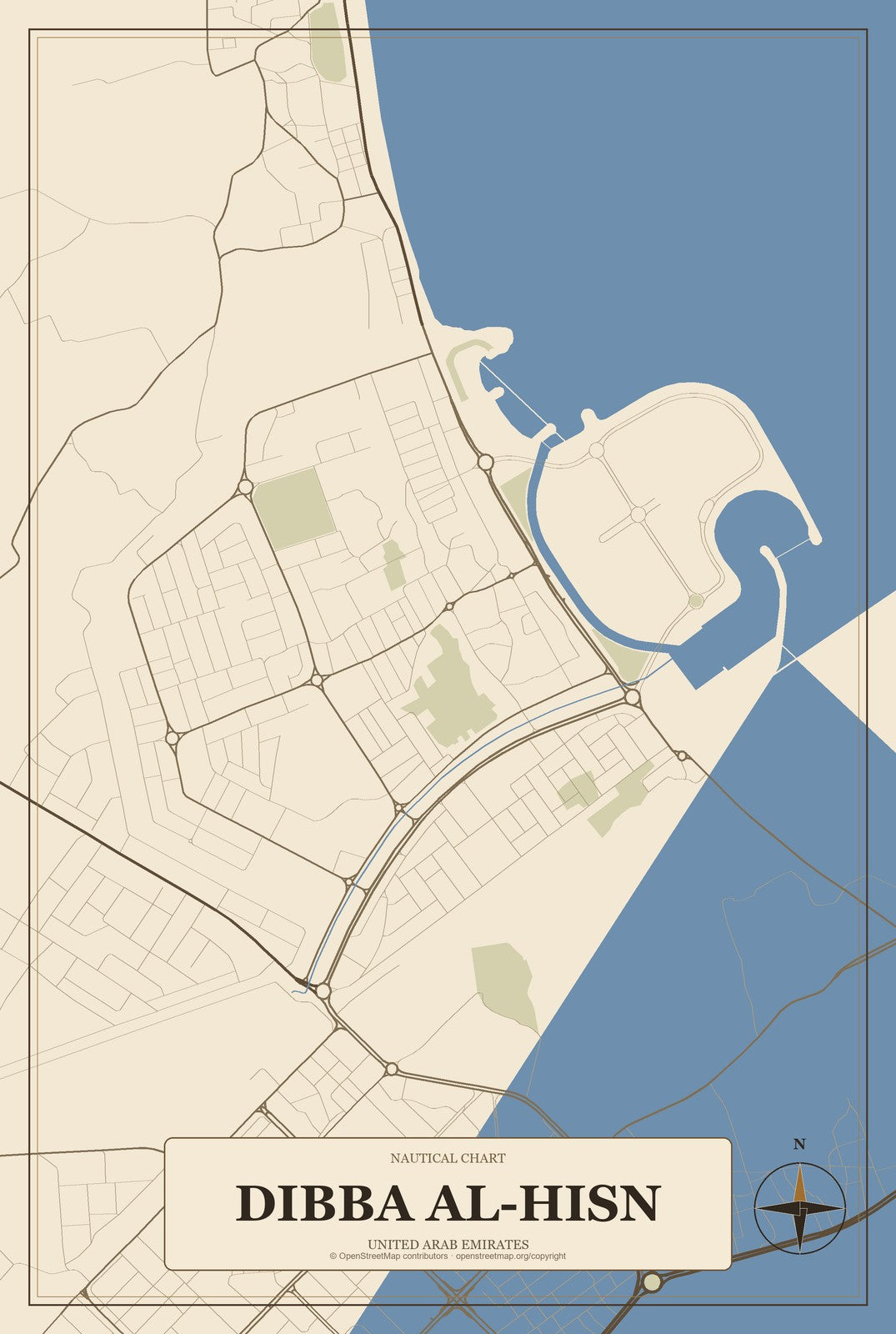 Dibba Al-Hisn, United Arab Emirates City Map Aluminum Sign in Heritage Nautical style