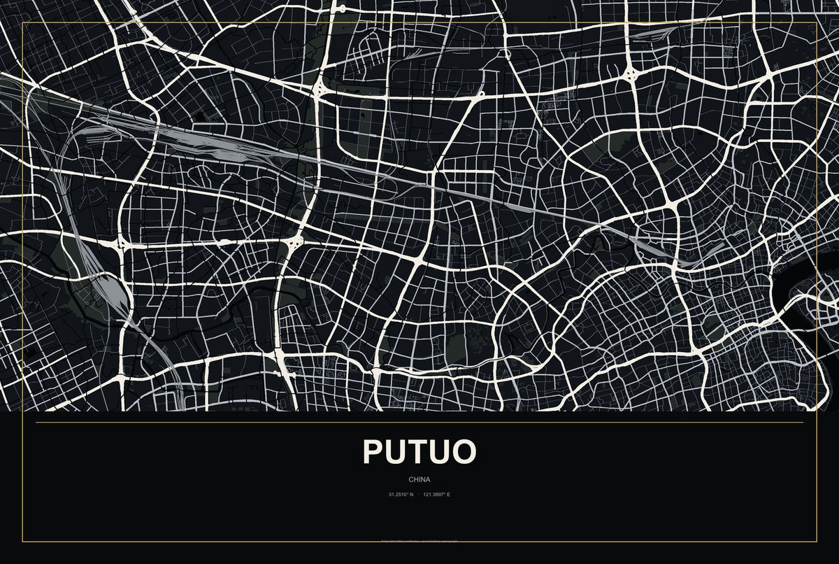 Putuo, China City Map Aluminum Sign in Metropolitan Noir style