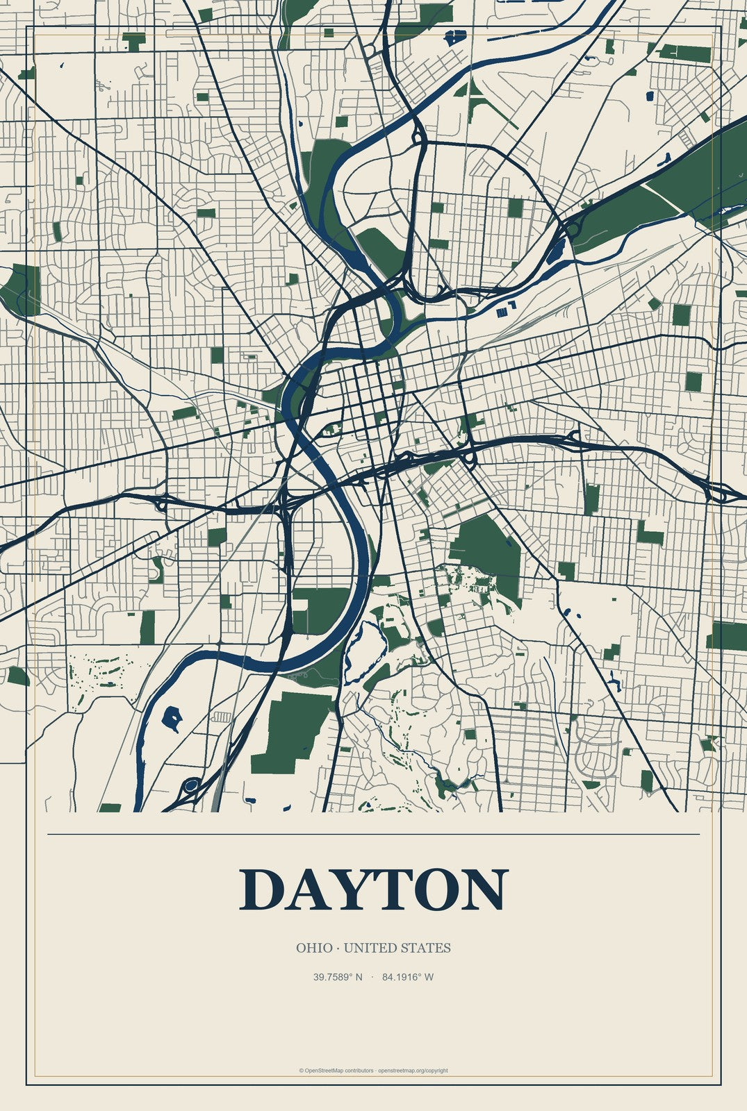 Dayton, Ohio City Map Aluminum Sign in Coastal Cutout style