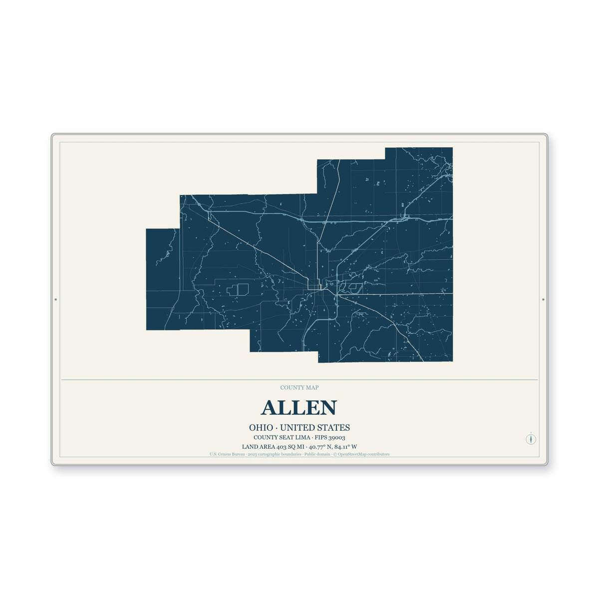 Allen County, Ohio Map Aluminum Sign in Coastal Cutout style