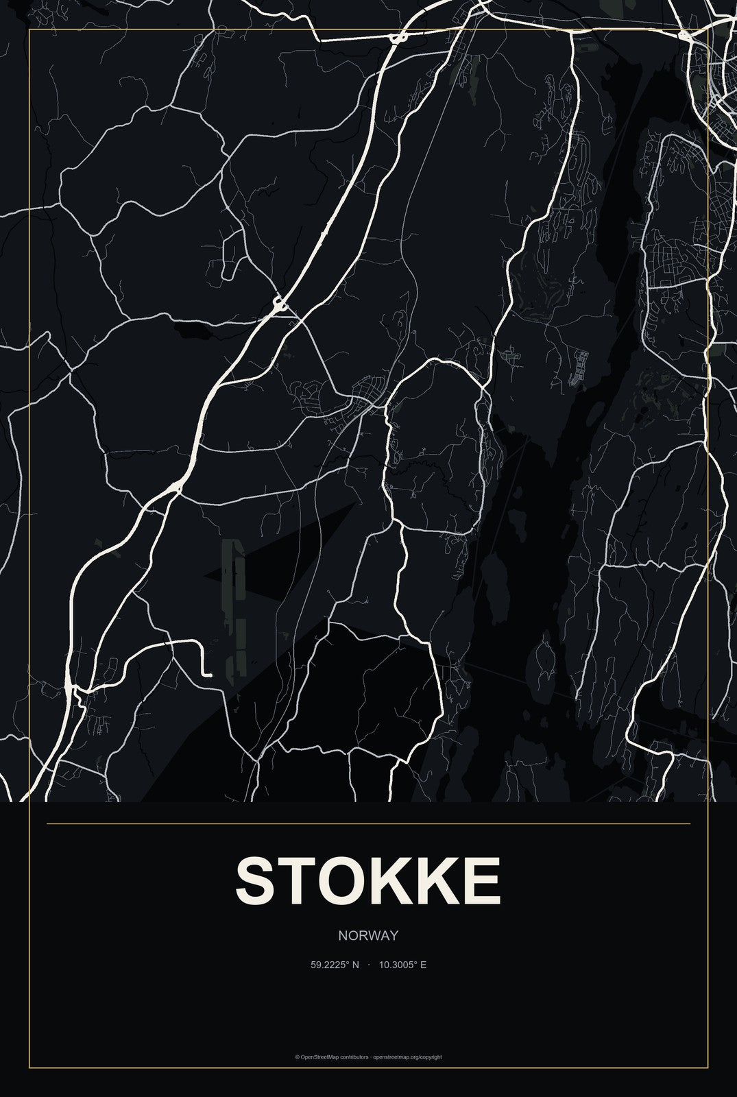 Stokke, Norway City Map Aluminum Sign in Metropolitan Noir style