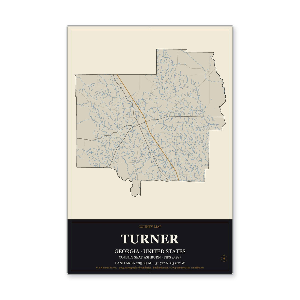 Turner County, Georgia Map Aluminum Sign in Museum Plaque style