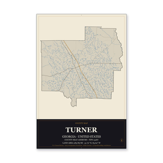 Turner County, Georgia Map Aluminum Sign in Museum Plaque style