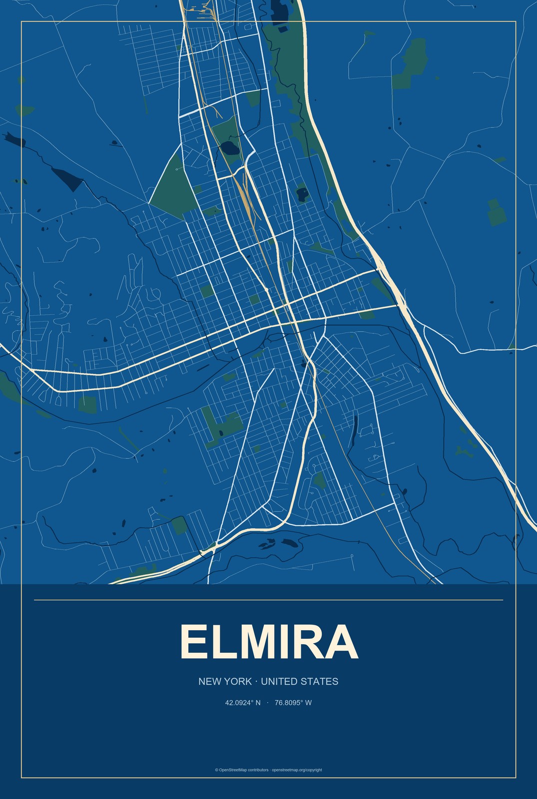 Elmira, New York City Map Aluminum Sign in Harbor Cobalt style