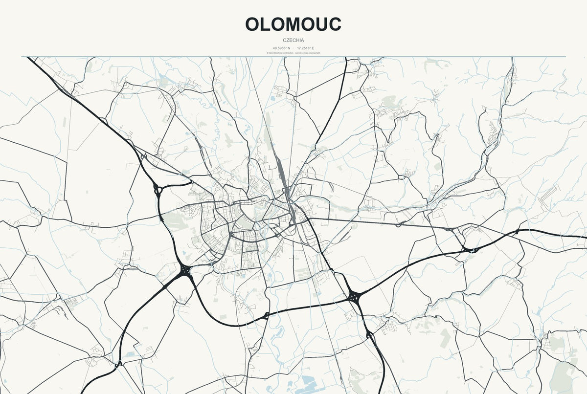 Olomouc, Czechia City Map Aluminum Sign in Headline Atlas style
