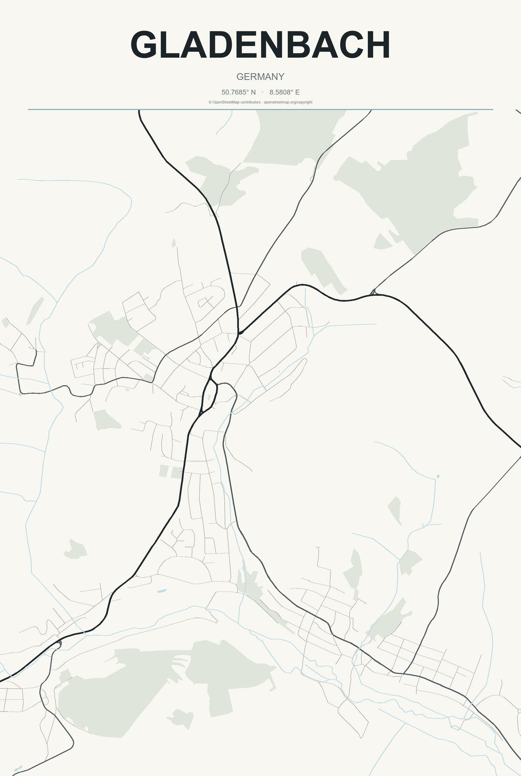 Gladenbach, Germany City Map Aluminum Sign in Headline Atlas style