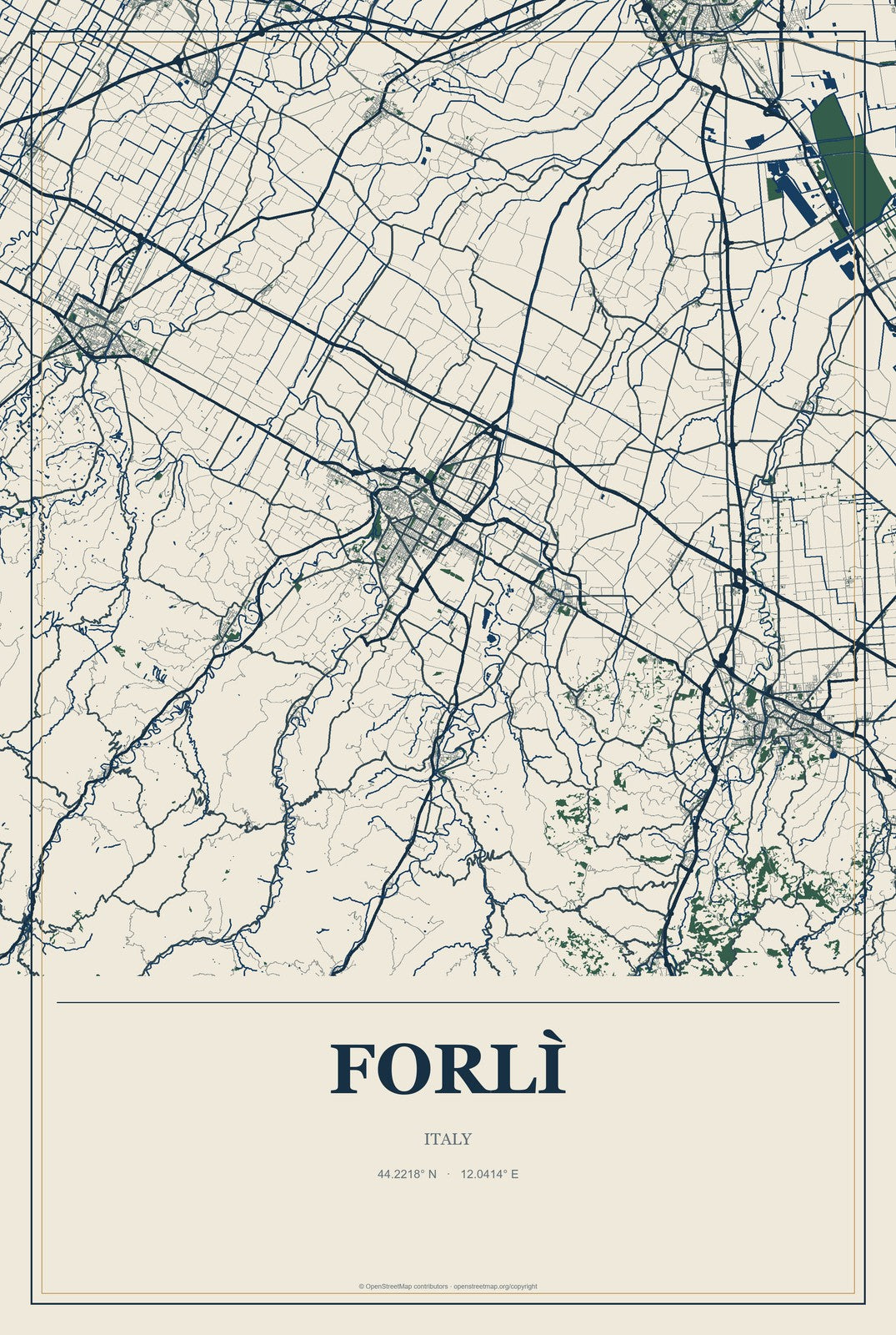 Forlì, Italy City Map Aluminum Sign in Coastal Cutout style
