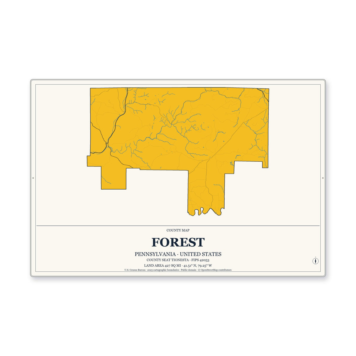 Forest County, Pennsylvania Map Aluminum Sign in Citrine Modern style