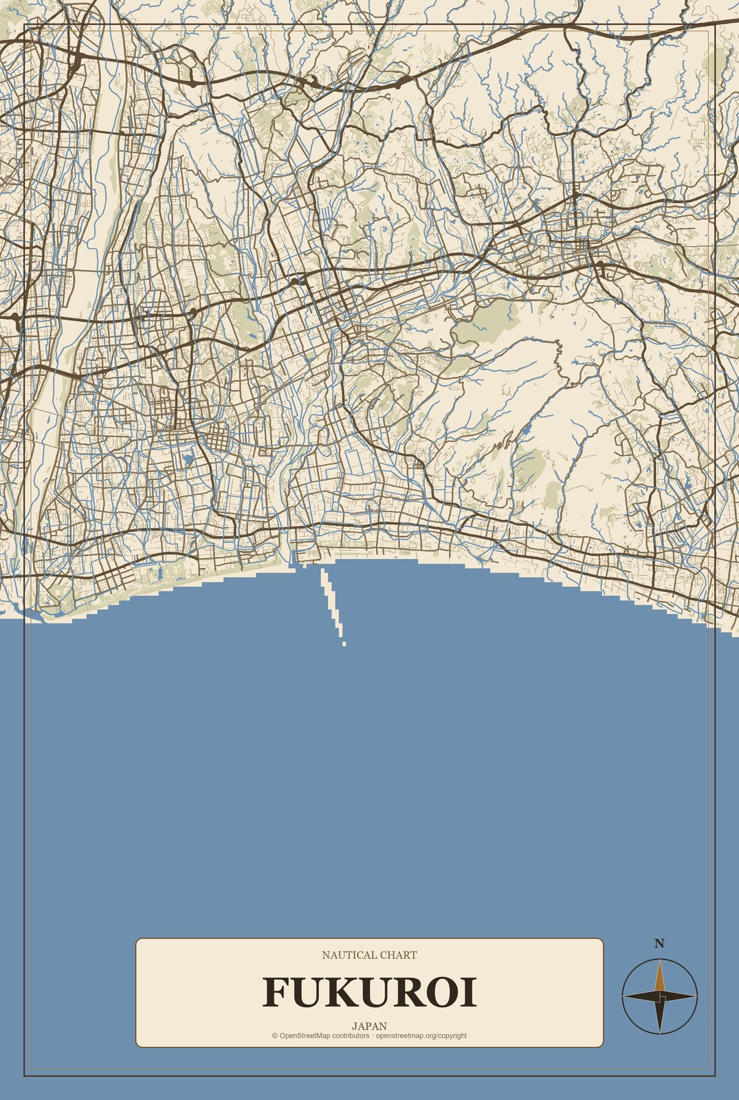 Fukuroi, Japan City Map Aluminum Sign in Heritage Nautical style