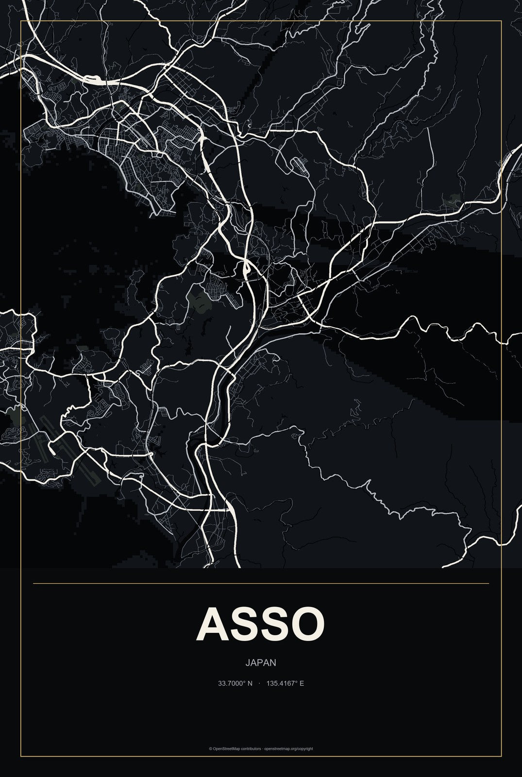 Asso, Japan City Map Aluminum Sign in Metropolitan Noir style