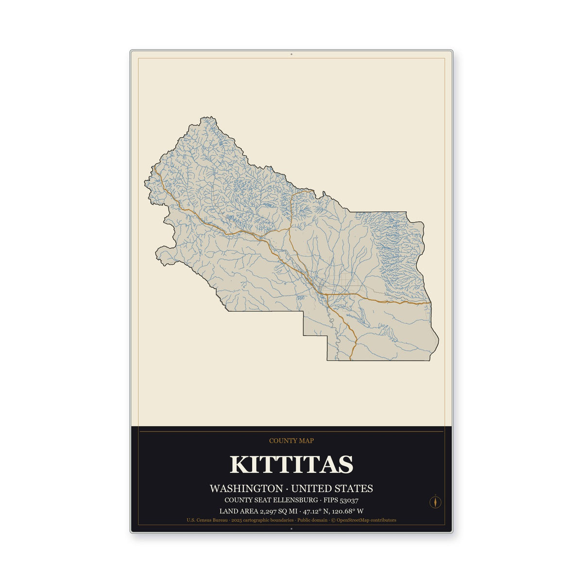 Kittitas County, Washington Map Aluminum Sign in Museum Plaque style