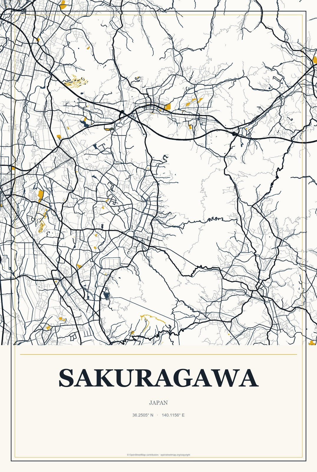 Sakuragawa, Japan City Map Aluminum Sign in Citrine Modern style
