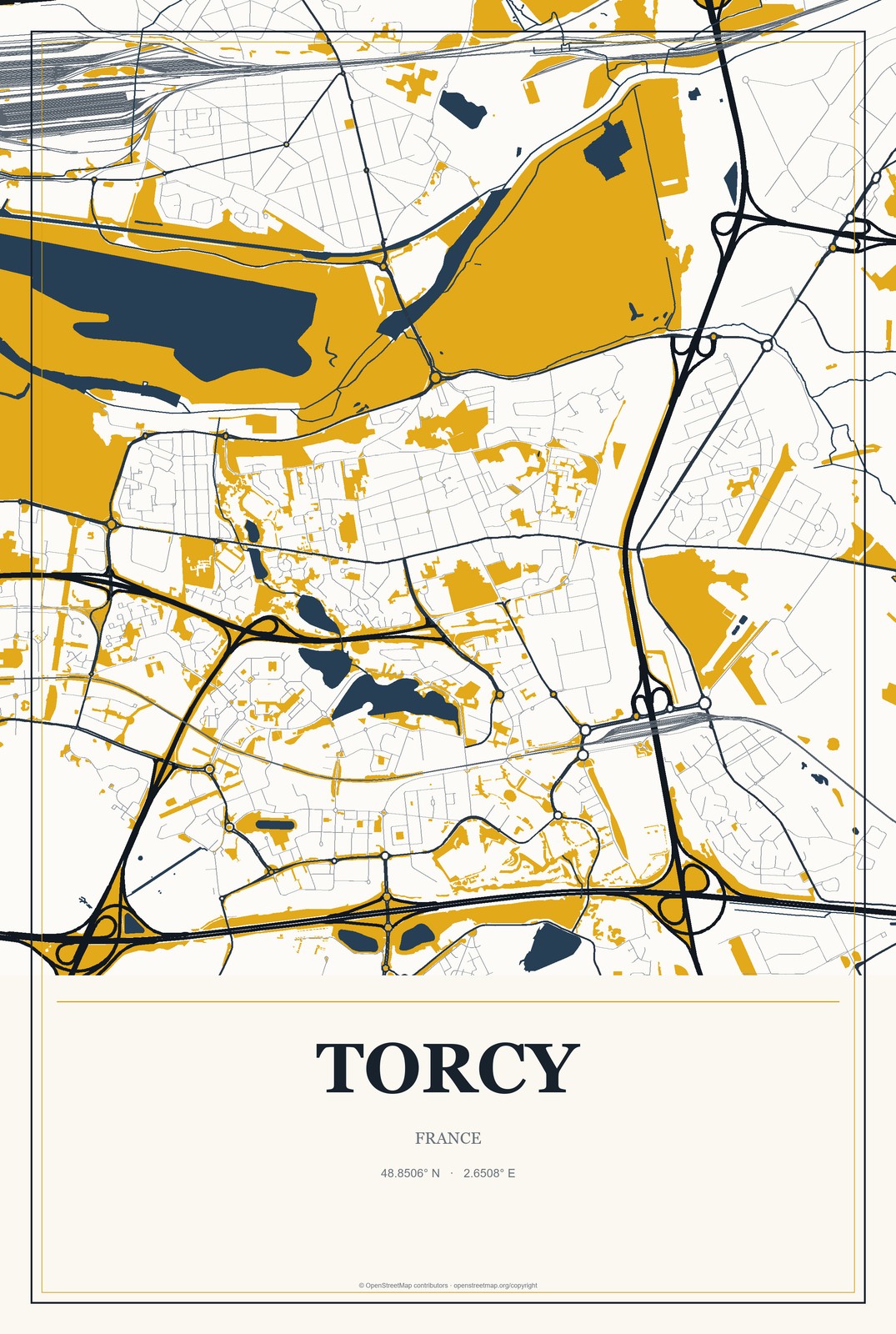 Torcy, France City Map Aluminum Sign in Citrine Modern style