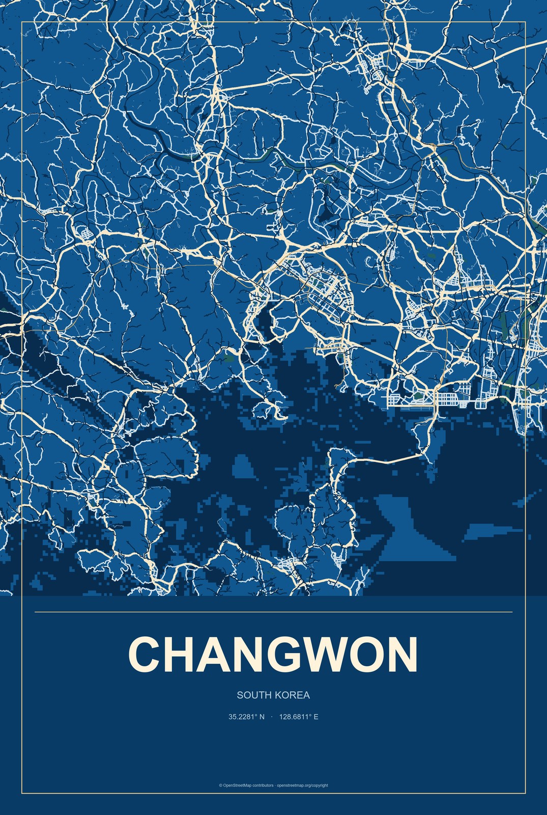 Changwon, South Korea City Map Aluminum Sign in Harbor Cobalt style