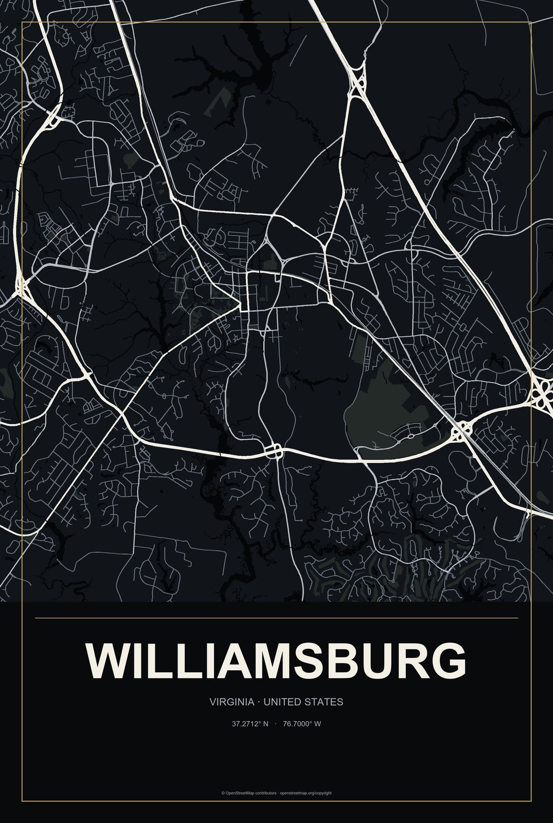 Williamsburg, Virginia City Map Aluminum Sign in Metropolitan Noir style