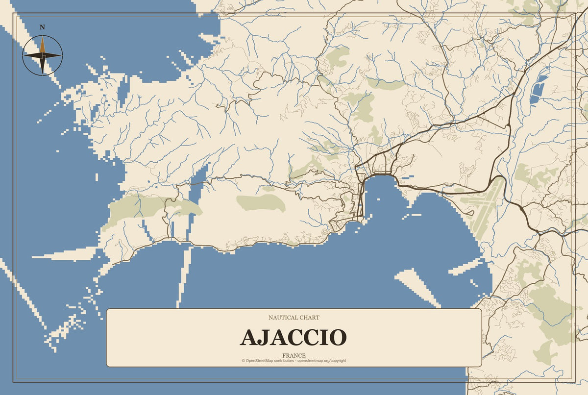 Ajaccio, France City Map Aluminum Sign in Heritage Nautical style