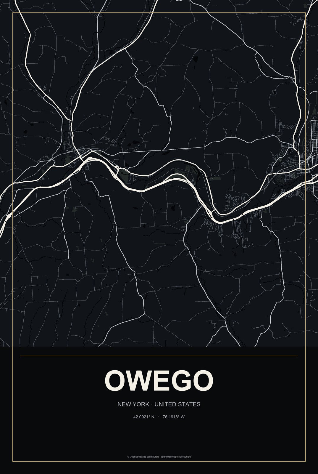 Owego, New York City Map Aluminum Sign in Metropolitan Noir style