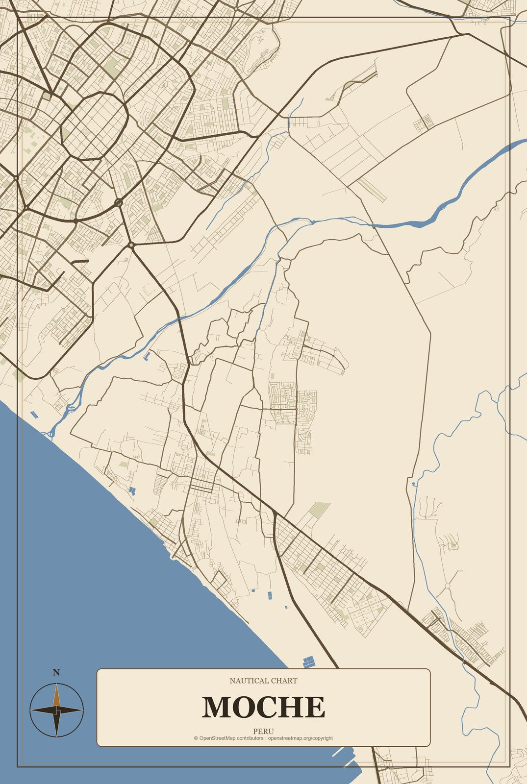 Moche, Peru City Map Aluminum Sign in Heritage Nautical style