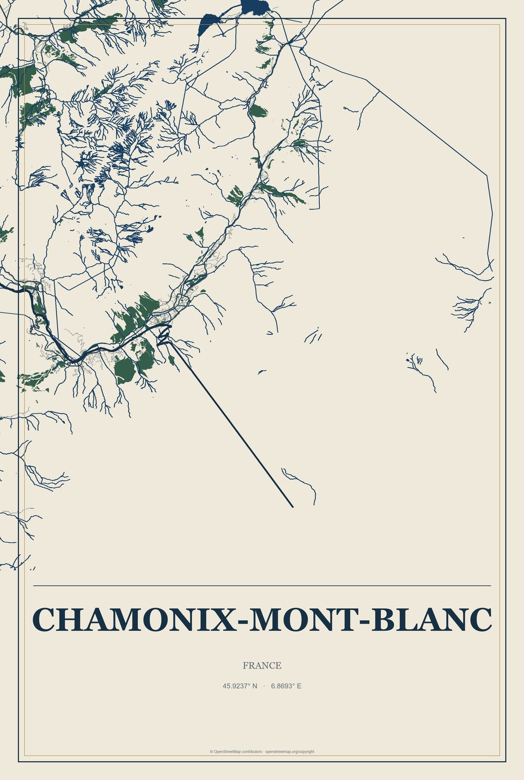 Chamonix-Mont-Blanc, France City Map Aluminum Sign in Coastal Cutout style