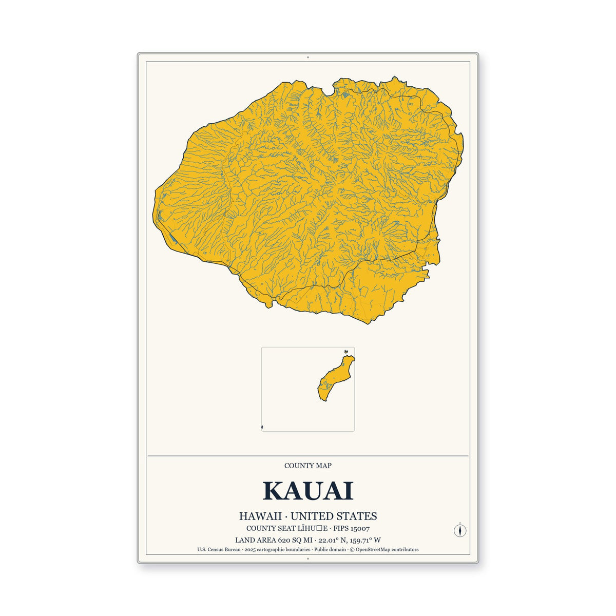 Kauai County, Hawaii Map Aluminum Sign in Citrine Modern style