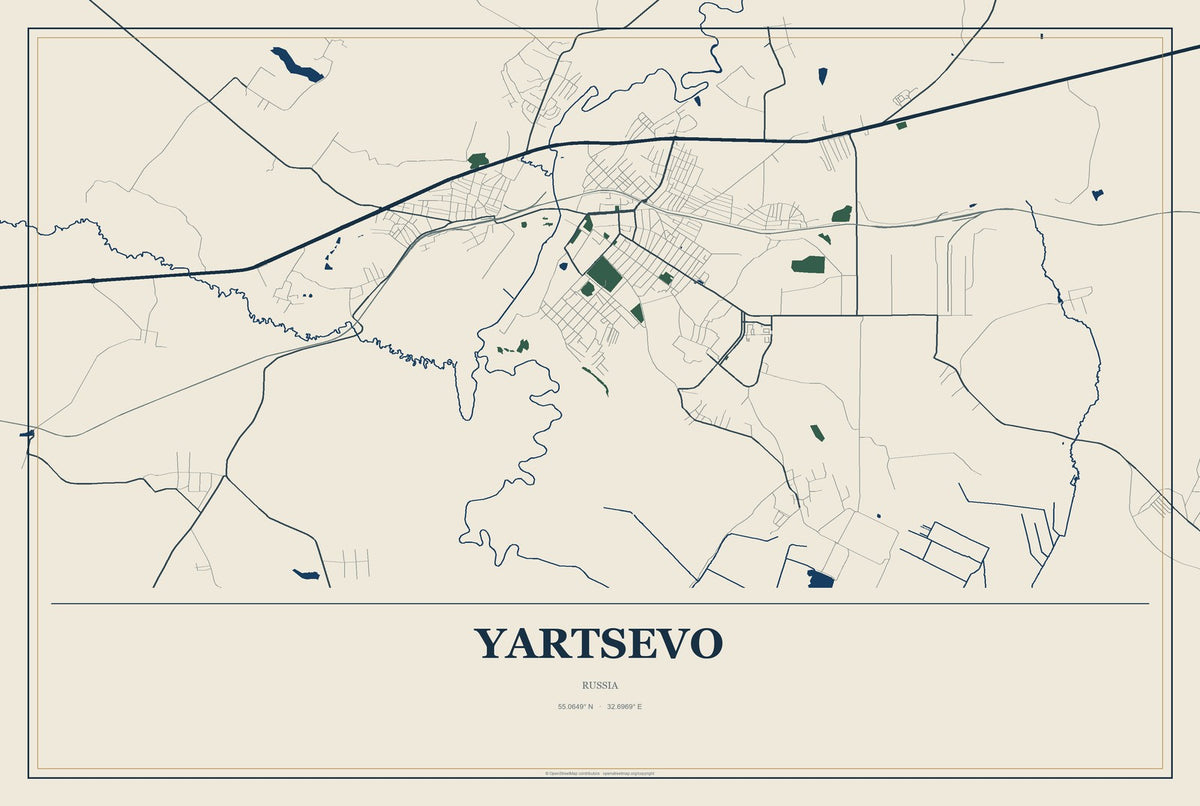 Yartsevo, Russia City Map Aluminum Sign in Coastal Cutout style