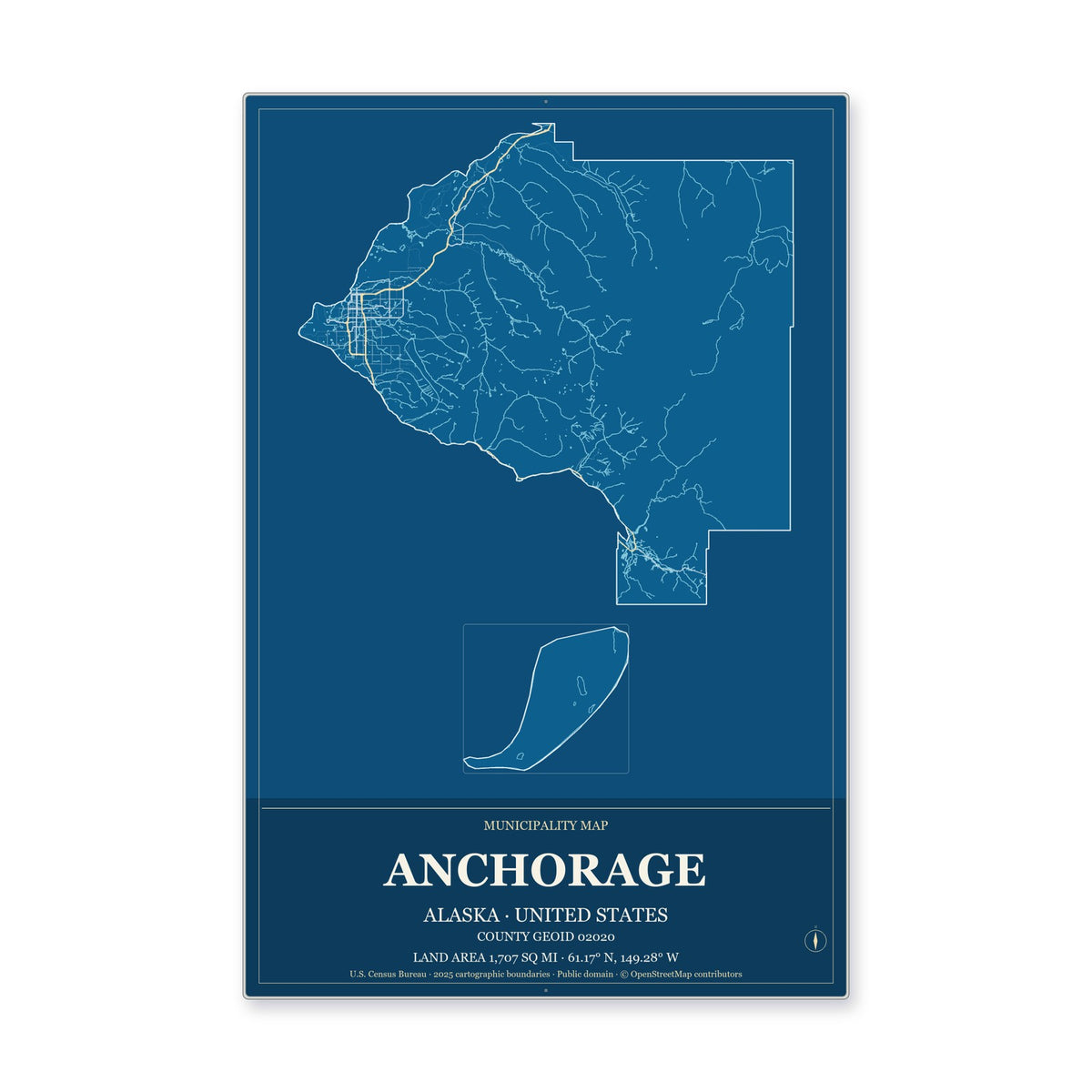 Anchorage Municipality, Alaska Map Aluminum Sign in Harbor Cobalt style