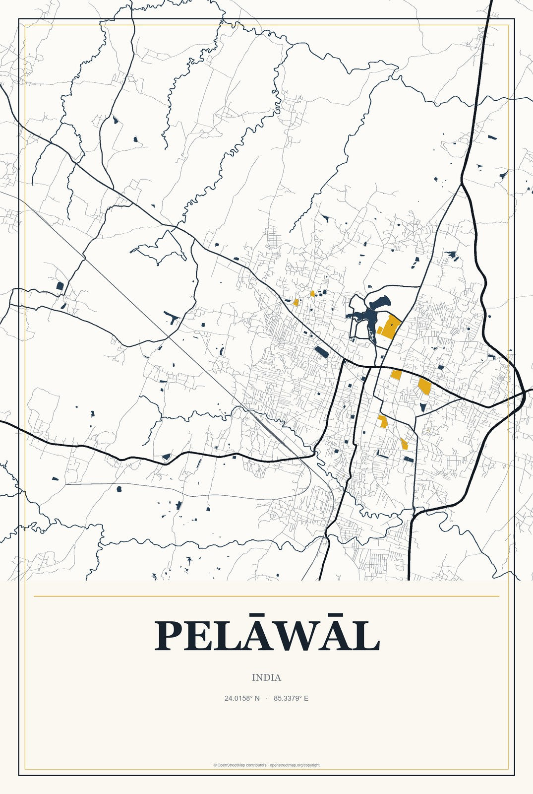 Pelāwāl, India City Map Aluminum Sign in Citrine Modern style