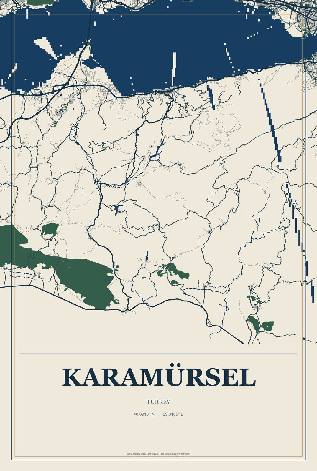 Karamürsel, Turkey City Map Aluminum Sign in Coastal Cutout style