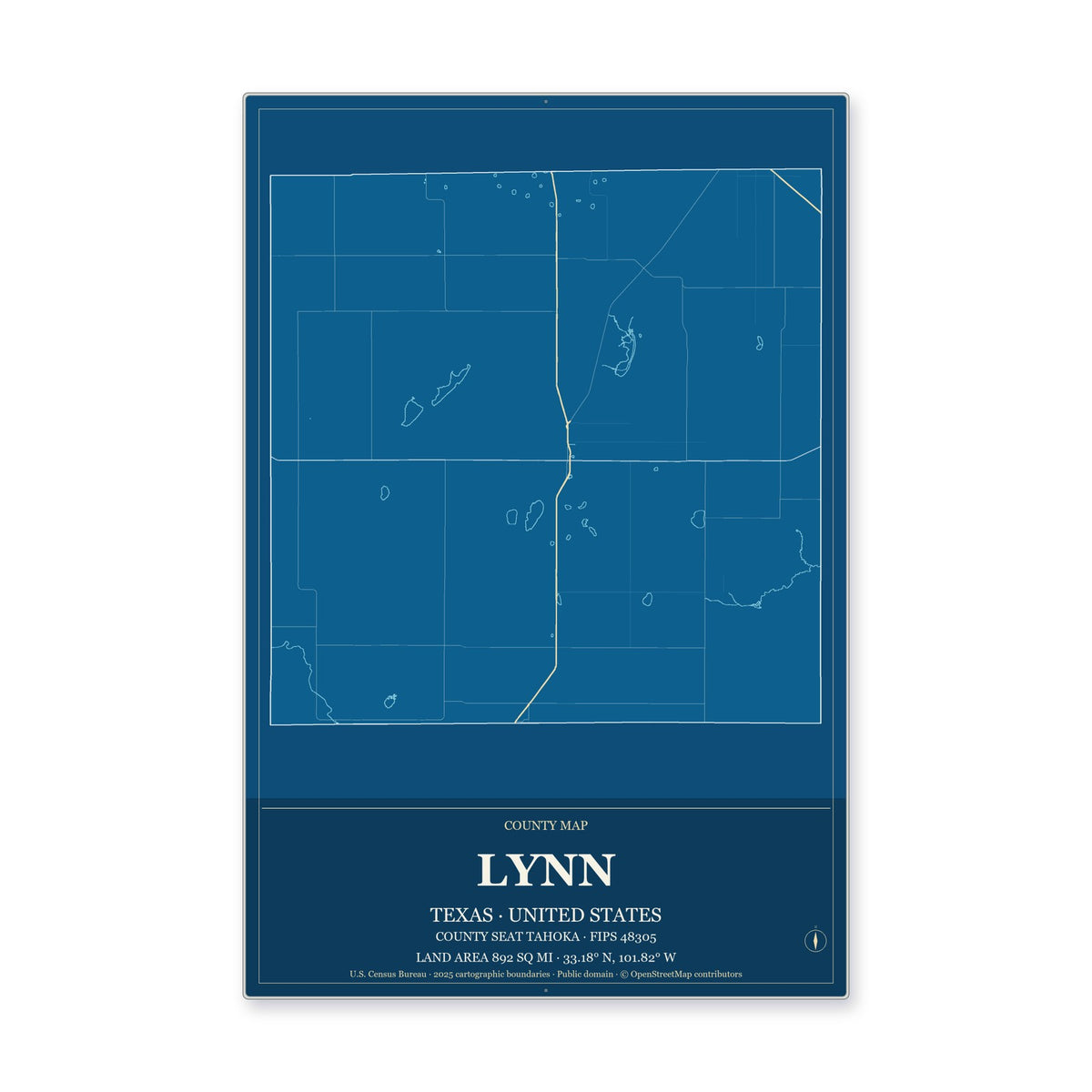 Lynn County, Texas Map Aluminum Sign in Harbor Cobalt style