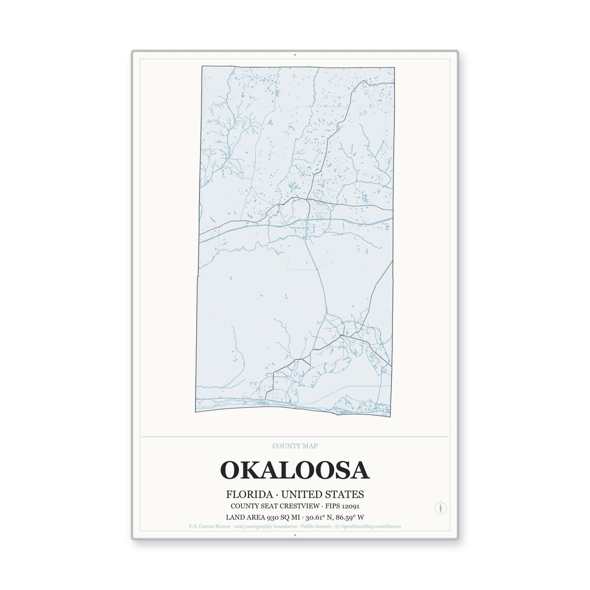 Okaloosa County, Florida Map Aluminum Sign in Gallery Air style