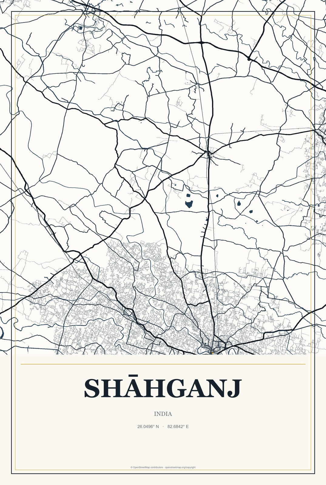 Shāhganj, India City Map Aluminum Sign in Citrine Modern style