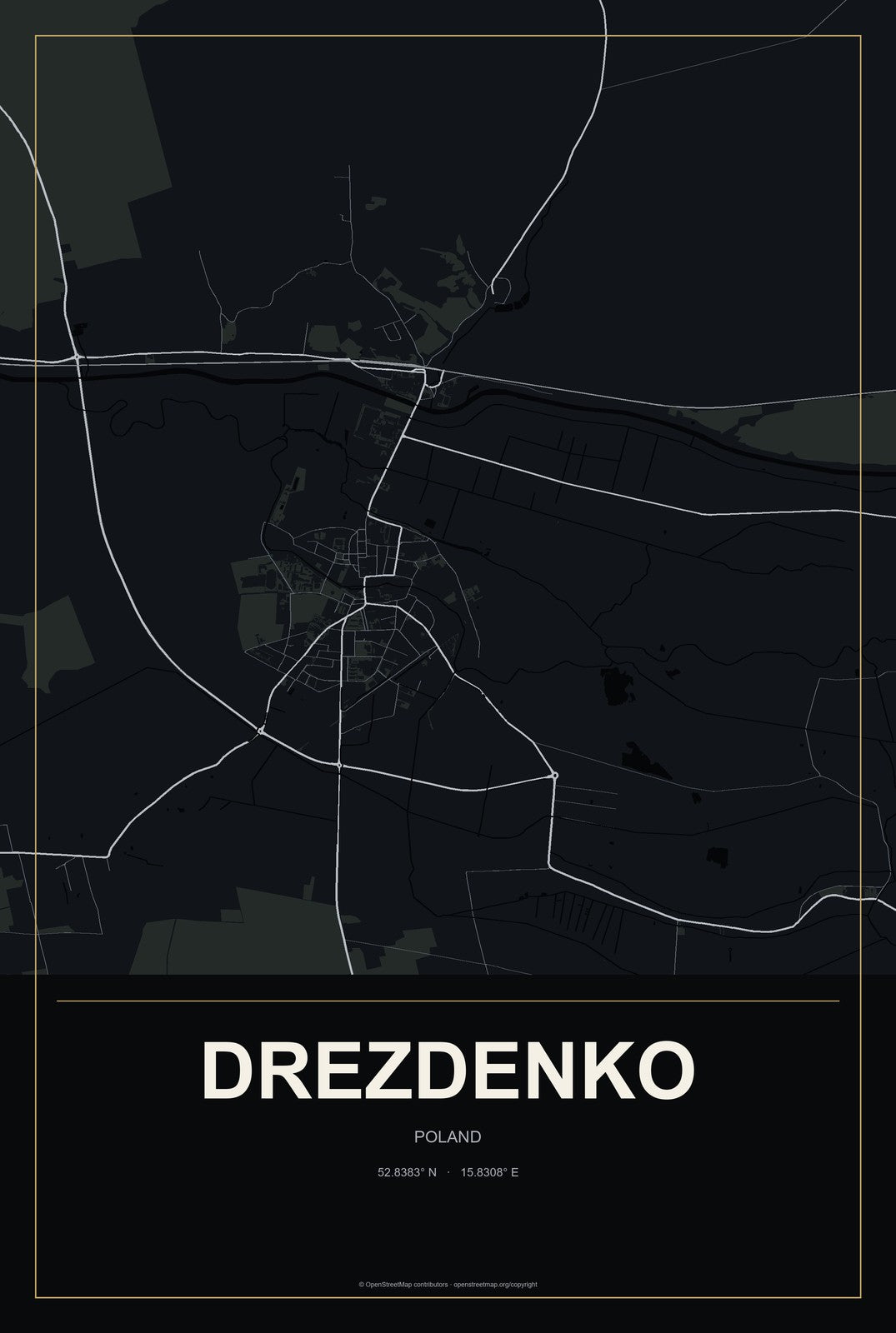 Drezdenko, Poland City Map Aluminum Sign in Metropolitan Noir style