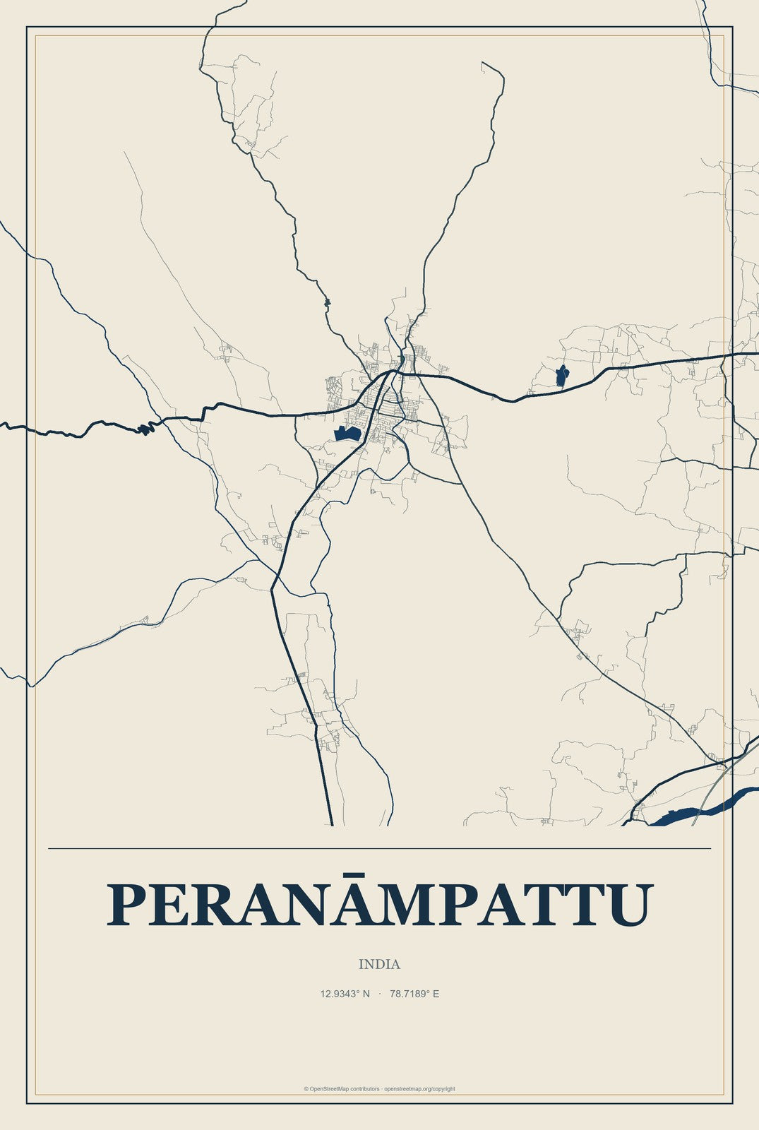 Peranāmpattu, India City Map Aluminum Sign in Coastal Cutout style