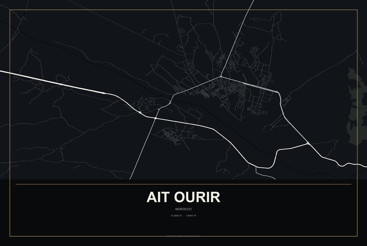 Ait Ourir, Morocco City Map Aluminum Sign in Metropolitan Noir style