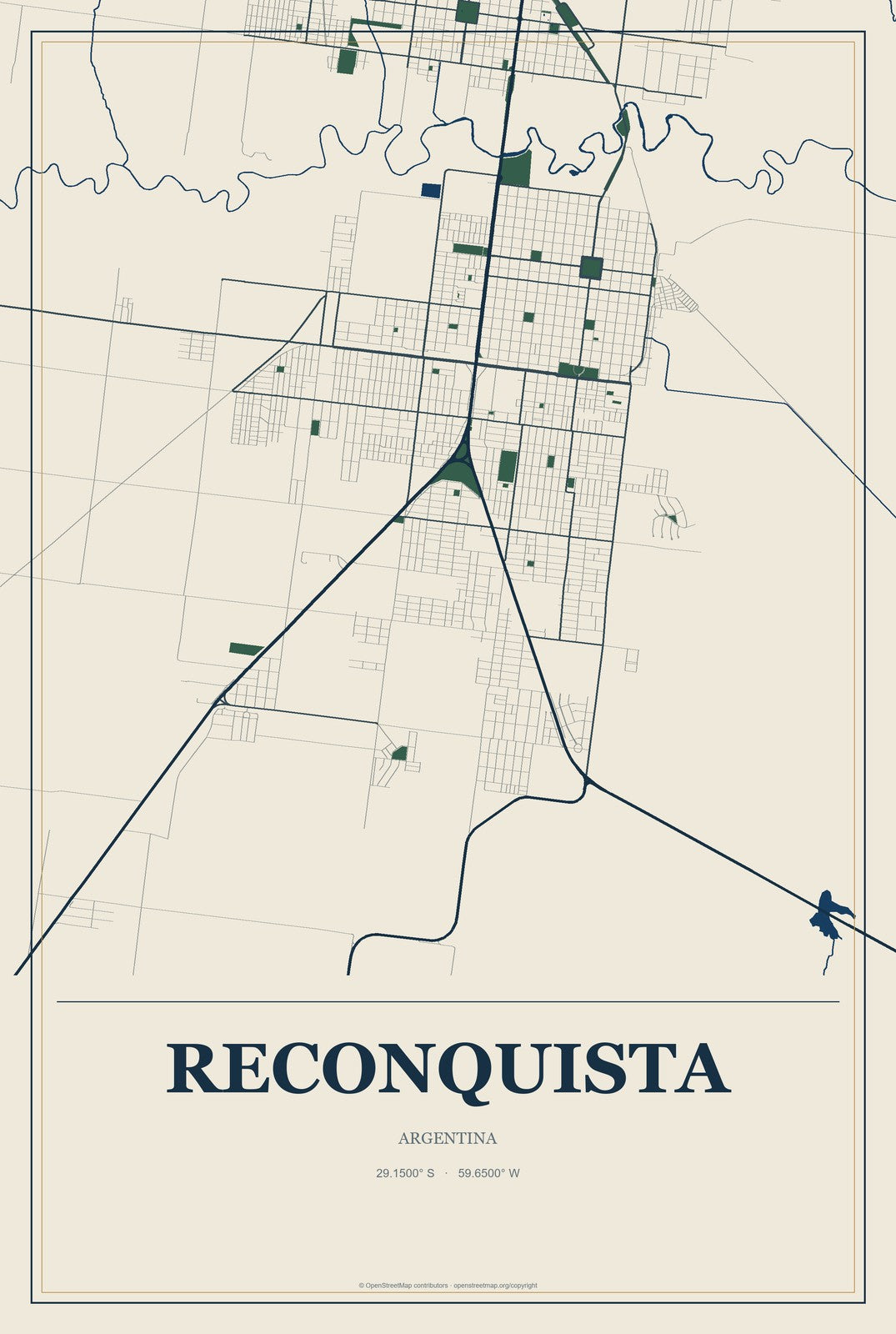 Reconquista, Argentina City Map Aluminum Sign in Coastal Cutout style