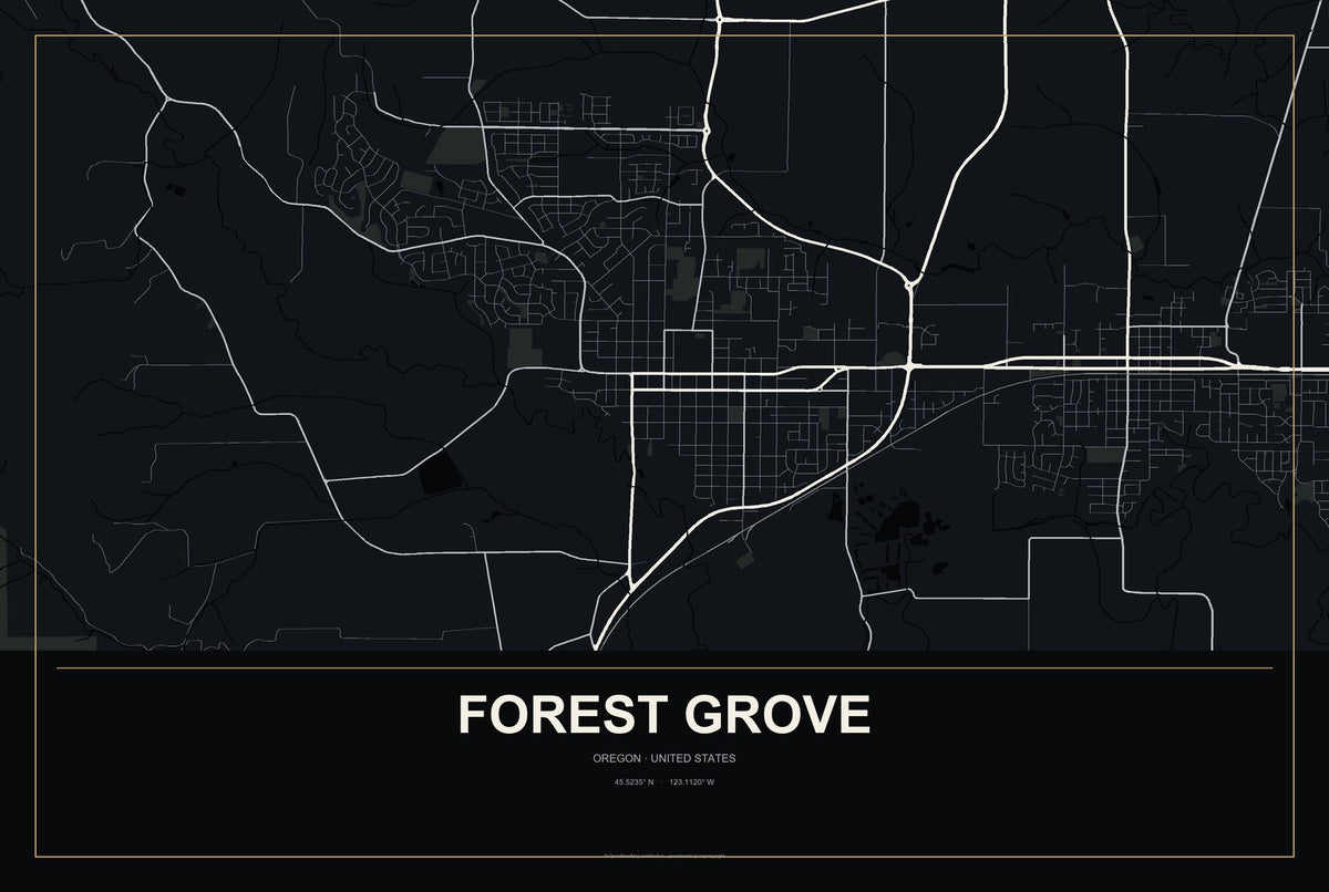 Forest Grove, Oregon City Map Aluminum Sign in Metropolitan Noir style