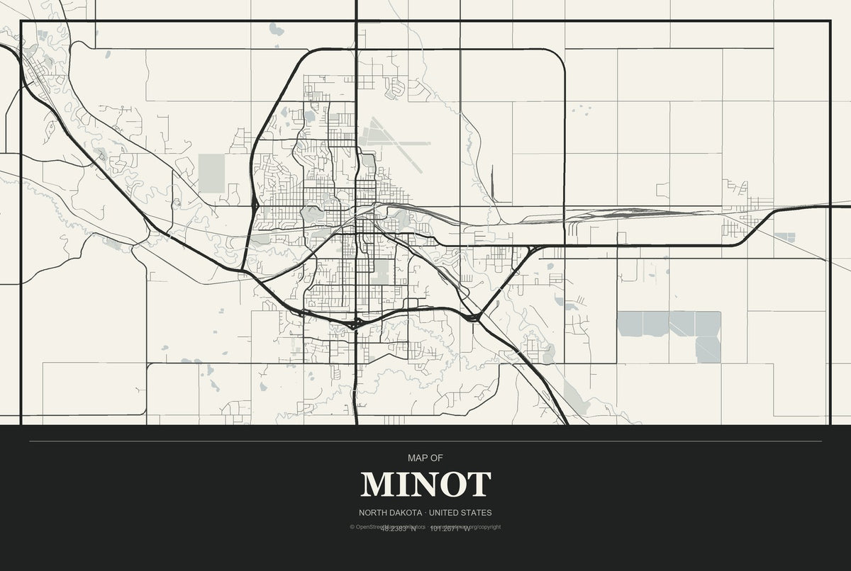 Minot, North Dakota City Map Aluminum Sign in Museum Plaque style