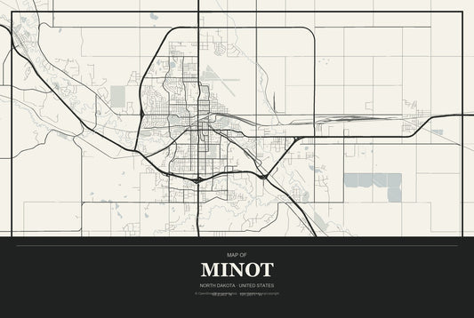 Minot, North Dakota City Map Aluminum Sign in Museum Plaque style