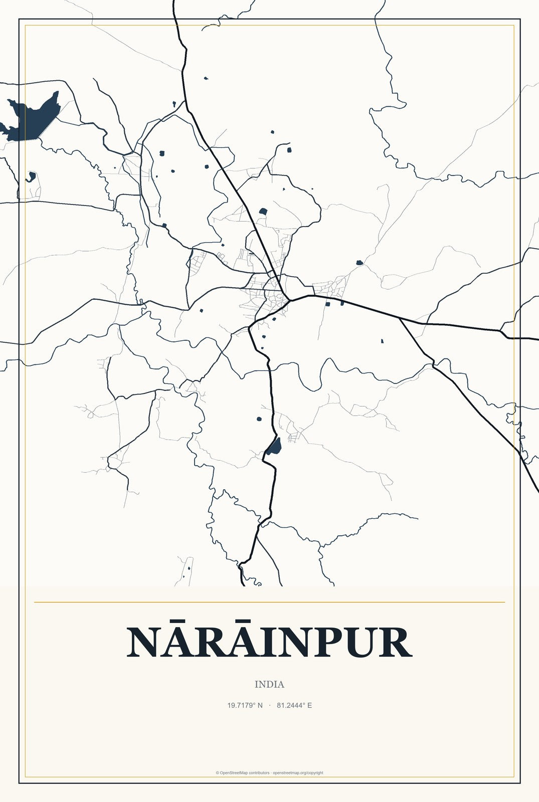 Nārāinpur, India City Map Aluminum Sign in Citrine Modern style