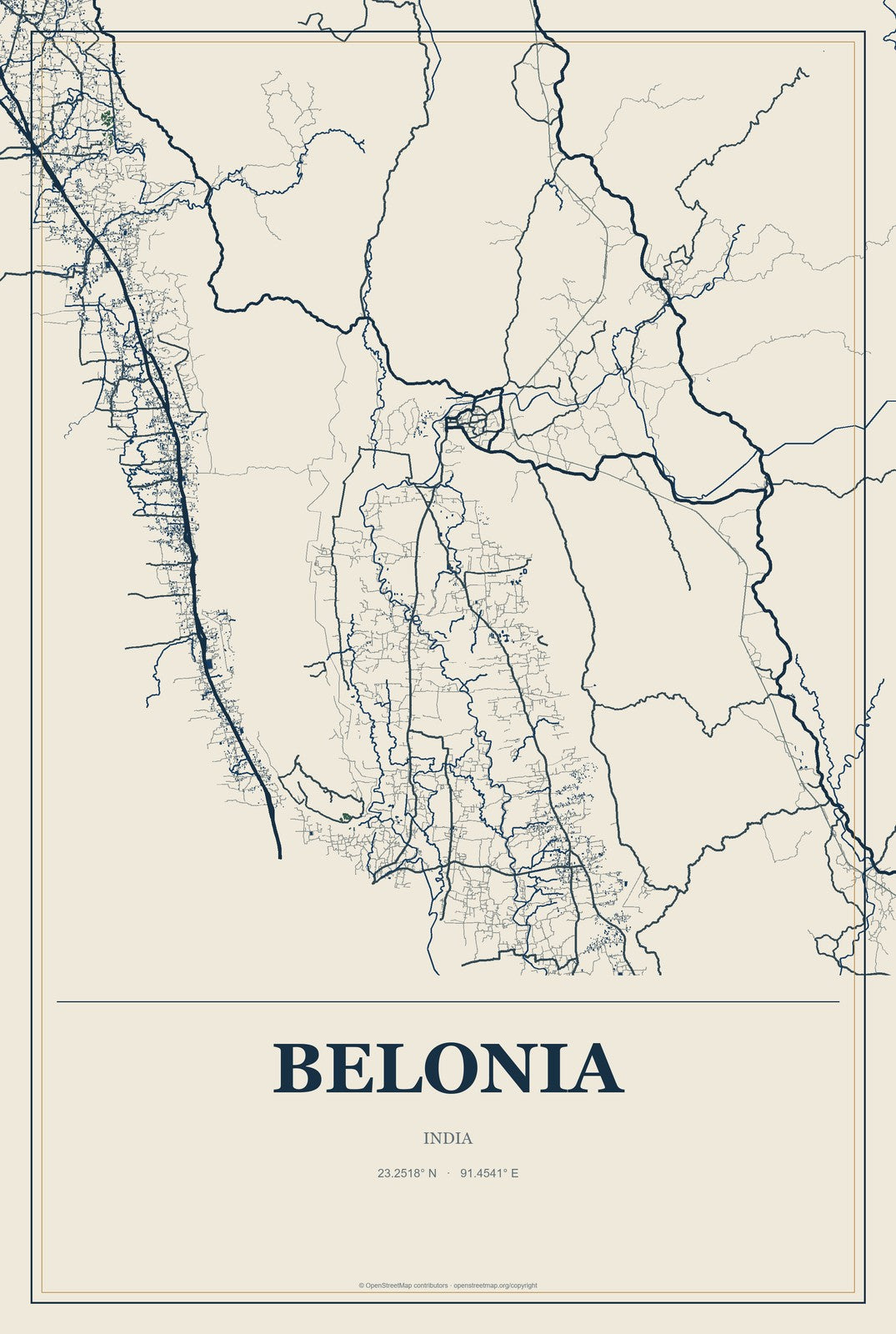 Belonia, India City Map Aluminum Sign in Coastal Cutout style