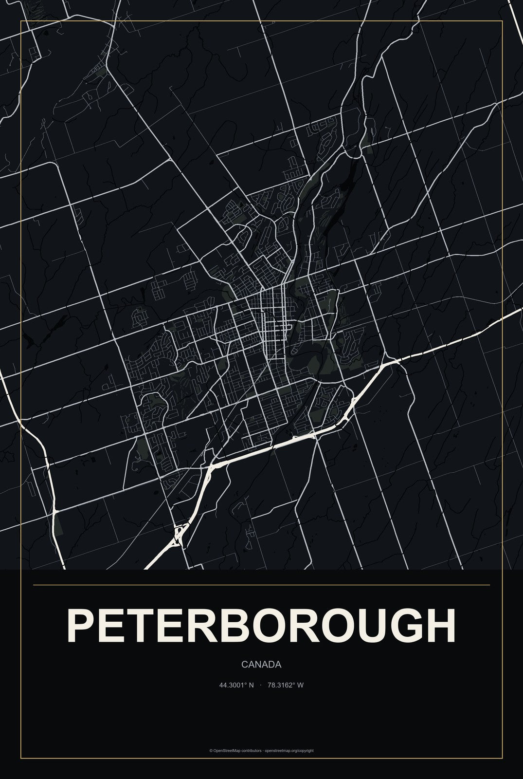Peterborough, Canada City Map Aluminum Sign in Metropolitan Noir style