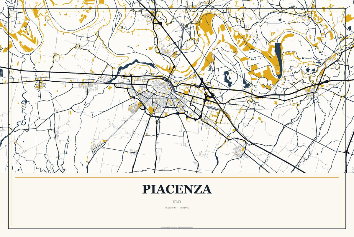 Piacenza, Italy City Map Aluminum Sign in Citrine Modern style