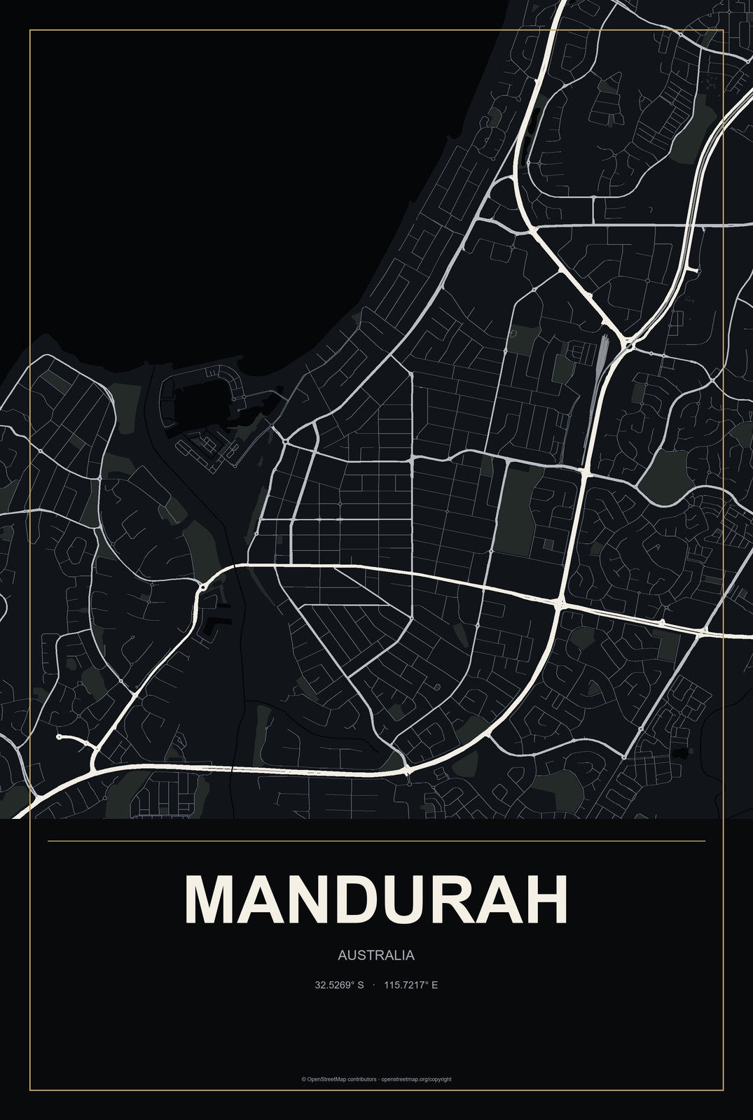 Mandurah, Australia City Map Aluminum Sign in Metropolitan Noir style
