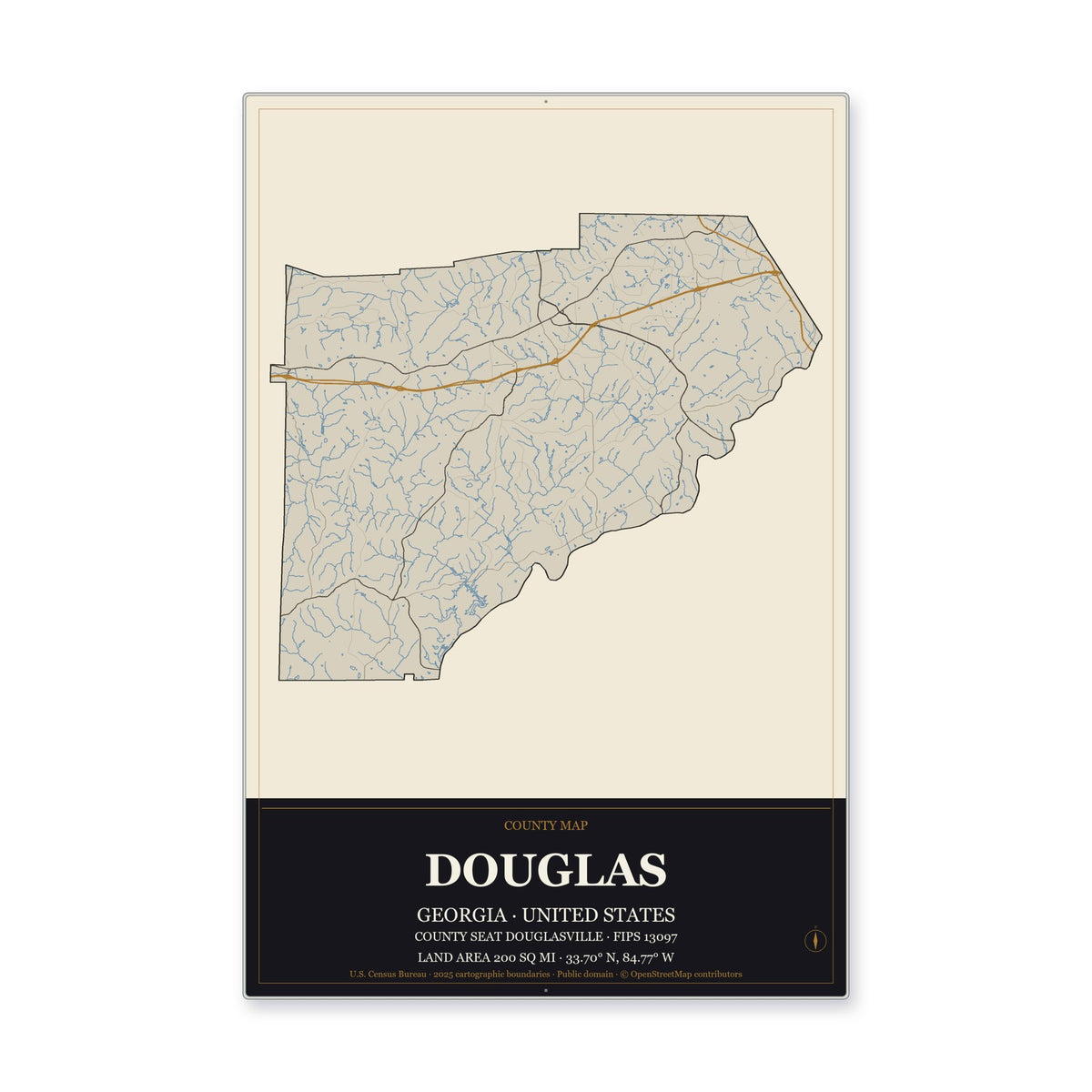 Douglas County, Georgia Map Aluminum Sign in Museum Plaque style