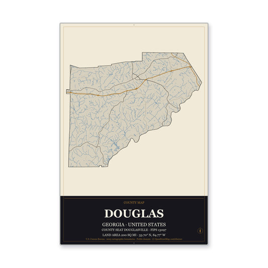 Douglas County, Georgia Map Aluminum Sign in Museum Plaque style