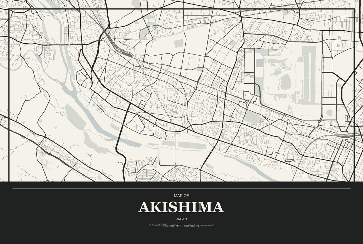 Akishima, Japan City Map Aluminum Sign in Museum Plaque style
