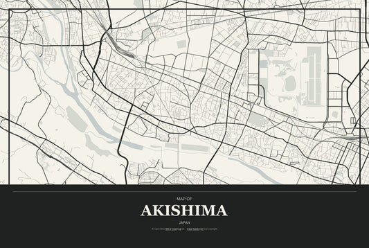 Akishima, Japan City Map Aluminum Sign in Museum Plaque style