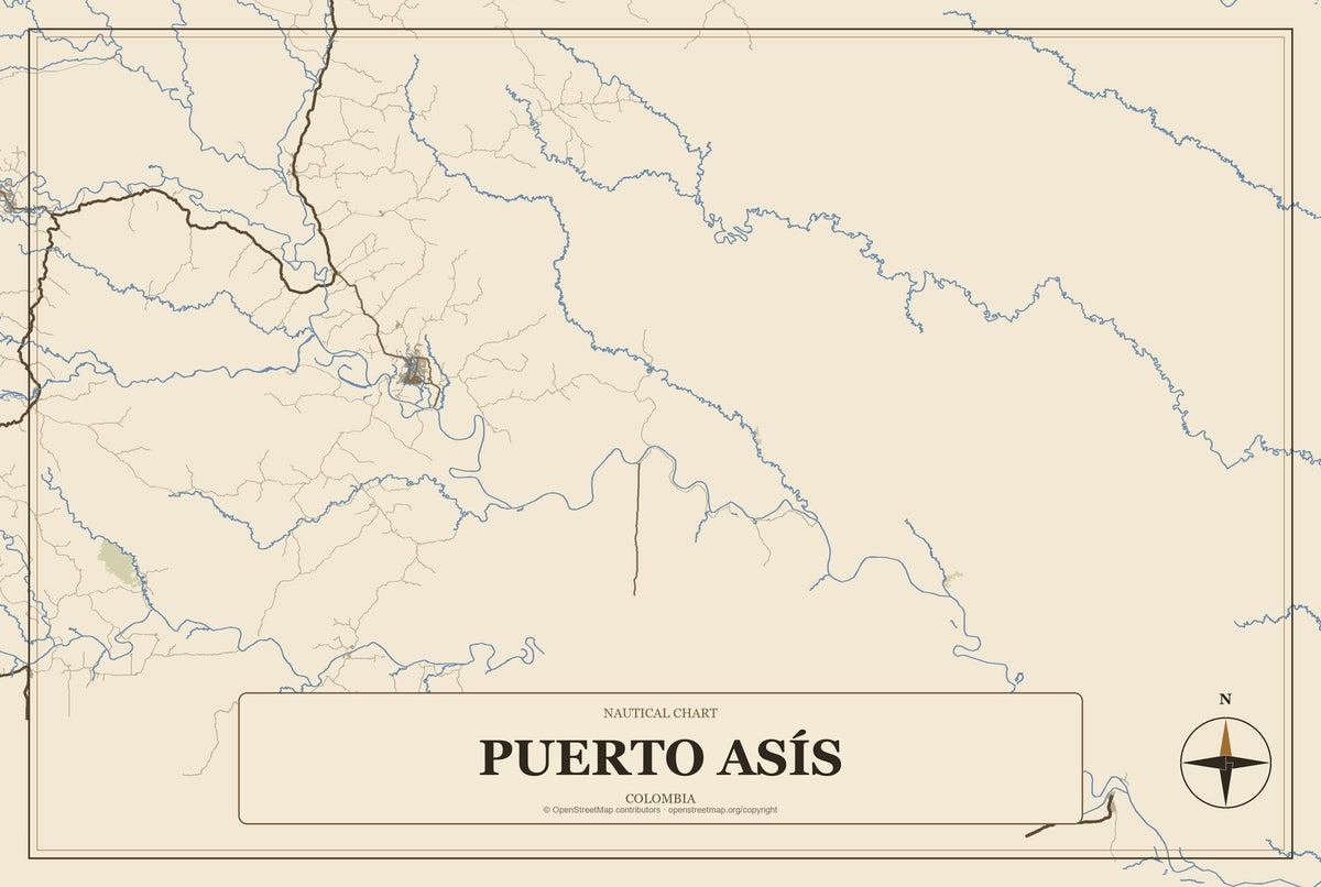 Puerto Asís, Colombia City Map Aluminum Sign in Heritage Nautical style