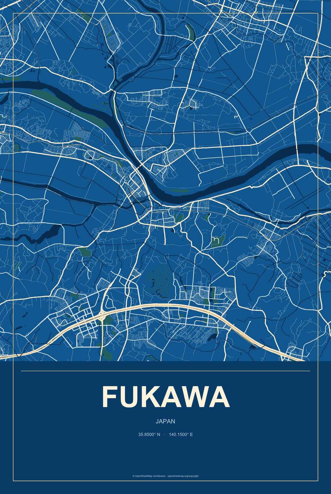 Fukawa, Japan City Map Aluminum Sign in Harbor Cobalt style