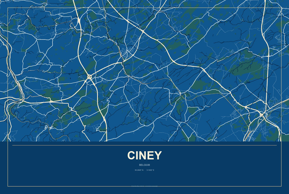 Ciney, Belgium City Map Aluminum Sign in Harbor Cobalt style